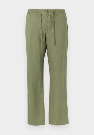 Olívazöld egyenes szárú lenvászon nadrág, húzózsinórral és rugalmas derékrésszel, gombos záródással és oldalzsebekkel.