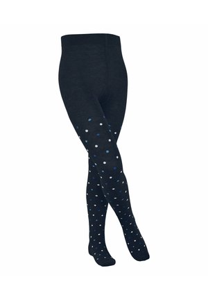 Collants noirs au toucher lisse, avec un motif de pois alternant entre bleu clair et bleu foncé, ainsi que des pois blancs le long des jambes.