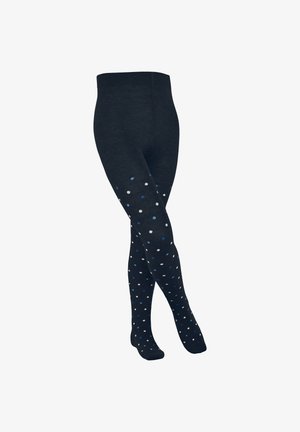 Schwarze Strumpfhosen mit glatter Textur, die ein Muster aus abwechselnd hellblauen und dunklen blauen sowie weißen Punkten entlang der Beine aufweisen.