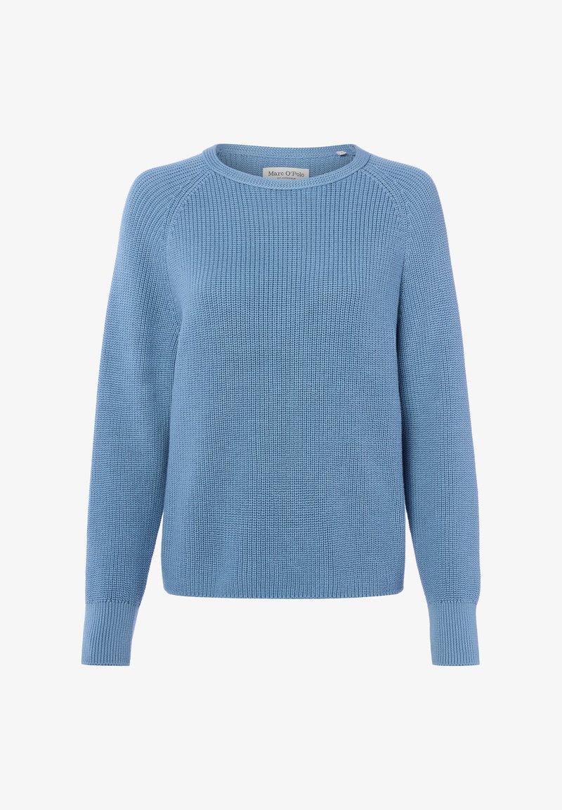 Hellblauer, gestrickter Langarmpullover mit Rundhalsausschnitt und gerippten Bündchen, mit dem Etikett Marc O'Polo.