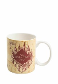 Tazza in ceramica con sfondo beige, decorata con un'illustrazione di Hogwarts e "La Mappa del Malandrino" in testo rosso scuro.