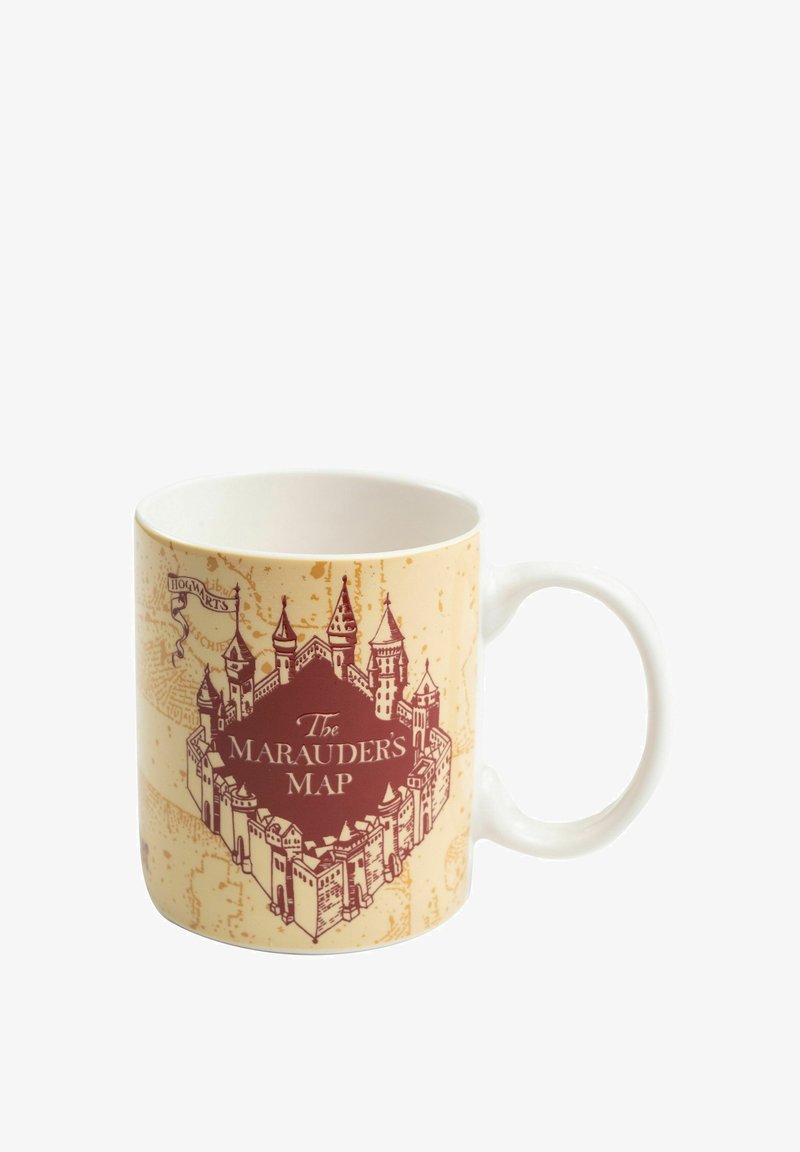 Tazza in ceramica con sfondo beige, decorata con un'illustrazione di Hogwarts e "La Mappa del Malandrino" in testo rosso scuro.