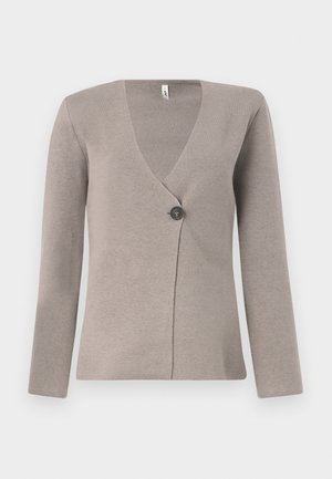 Lys grå cardigan med lange ermer, V-hals og en enkelt mørk knapp foran, laget av et teksturert strikkemateriale.