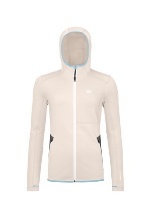 Hellbeige Kapuzenjacke aus softem Stoff, mit einem Frontreißverschluss, blauen Akzenten und schwarzen Seitentaschen.