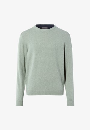 Jasnozielony sweter z okrągłym dekoltem, wykonany z miękkiego materiału, z długimi rękawami oraz ściągaczami na końcach rękawów i u dołu. Gładka struktura bez widocznych wzorów.