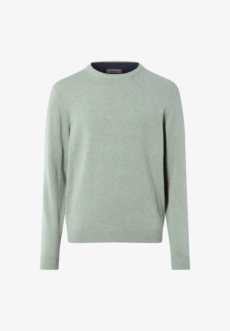 Jasnozielony sweter z okrągłym dekoltem, wykonany z miękkiego materiału, z długimi rękawami oraz ściągaczami na końcach rękawów i u dołu. Gładka struktura bez widocznych wzorów.