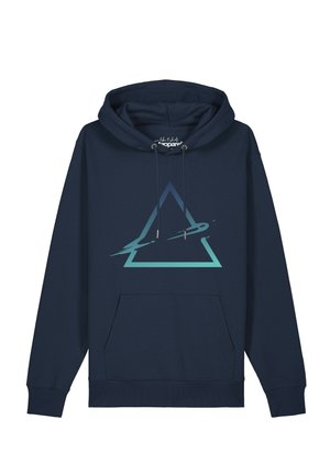 Marineblauer Hoodie mit Fronttasche und Kordeln, mit einem Verlaufs-Dreieck-Design und einem Schwung über die Mitte.