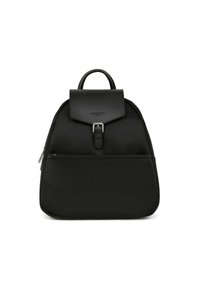 Zaino in nylon nero con una forma strutturata, pattina pieghevole e accento in fibbia argentata. Presenta una tasca frontale e un manico superiore.