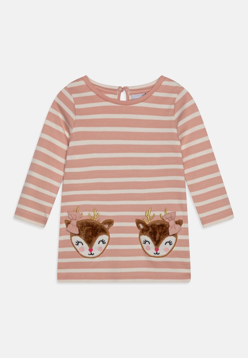 Dlouhý rukáv tričko pro malé děti v růžových a bílých pruzích s dvěma usmívajícími se jeleními obličeji a růžovými mašlemi vyšitými blízko lemu.