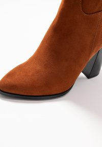 Bottine en daim marron avec un bout pointu et un talon épais noir. Présente une texture lisse et des détails de couture subtils.