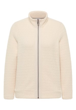 Giacca in pile color crema con maniche lunghe e chiusura frontale a zip, dotata di colletto rialzato e tessuto morbido e testurizzato.