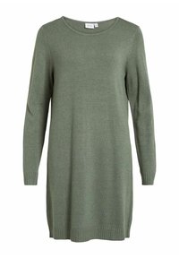 Robe pull verte tricotée à manches longues, col rond et ourlet côtelé. Texture douce et coupe droite, adaptée à un usage décontracté.