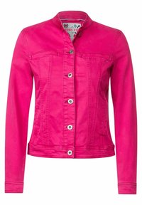 Fuchsia denim jacket featuring a snap button closure, two chest pockets, and a mandarin collar with a smooth texture and fitted design.