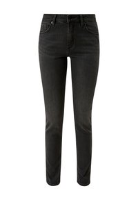 Vaqueros negros ajustados de denim, con un diseño clásico de cinco bolsillos, cierre de botón y un ligero desvanecimiento en la tela.