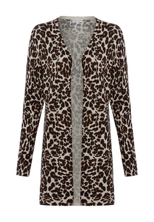 Langärmeliger Cardigan mit offener Vorderseite und braun-schwarzem Leopardenmuster auf beigem Hintergrund.