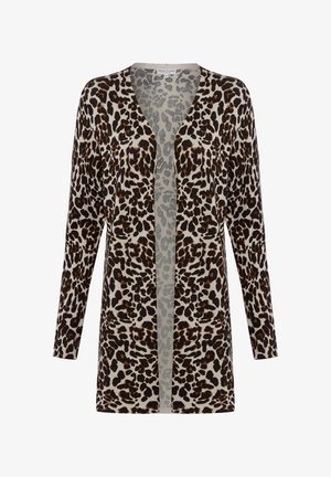 Langärmeliger Cardigan mit offener Vorderseite und braun-schwarzem Leopardenmuster auf beigem Hintergrund.