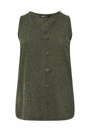 Gilet senza maniche verde scuro lavorato a maglia con scollo a V e cinque bottoni marroni frontali, texture a coste e orlo dritto.