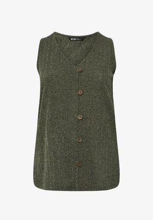 Gilet senza maniche verde scuro lavorato a maglia con scollo a V e cinque bottoni marroni frontali, texture a coste e orlo dritto.