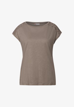 Korte mouwen taupe t-shirt van zachte stof, met kantaccenten op de schouders en een ontspannen pasvorm.