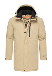 Beige isolerad jacka med hög krage och svart innerfoder. Har en framdragkedja, sidofickor och en bröstficka med dragkedja.