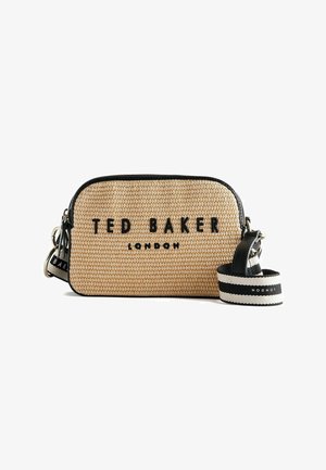 Geflochtene Strohtasche mit schwarzem Reißverschluss und Akzenten. Verfügt über das "TED BAKER LONDON"-Logo, abnehmbaren gestreiften Träger und strukturierte Oberfläche.