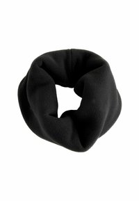 Black fleece infinity scarf with a soft texture, circular shape, and continuous design. No fasteners or patterns visible.