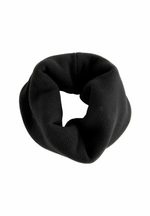 Černý fleecový infinity šátek s jemnou texturou, v kruhovém tvaru a s nepřetržitým designem. Bez zapínání nebo viditelných vzorů.