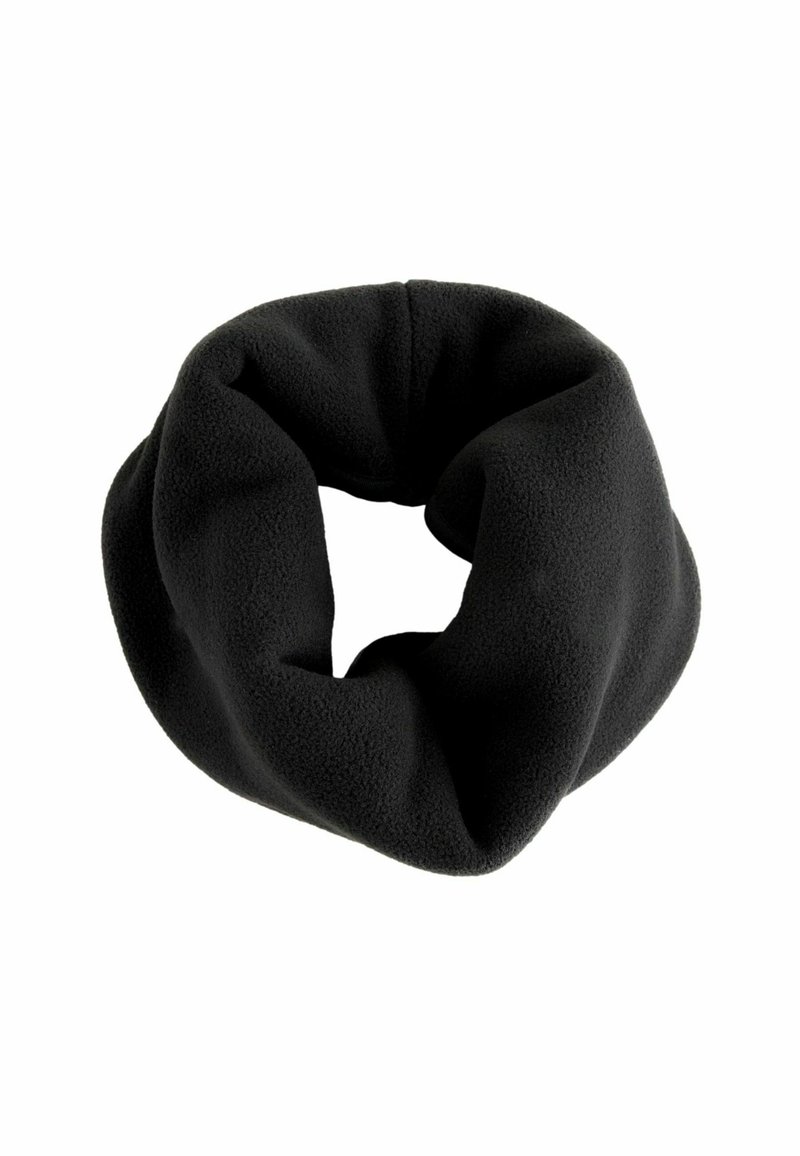 Black fleece infinity scarf with a soft texture, circular shape, and continuous design. No fasteners or patterns visible.