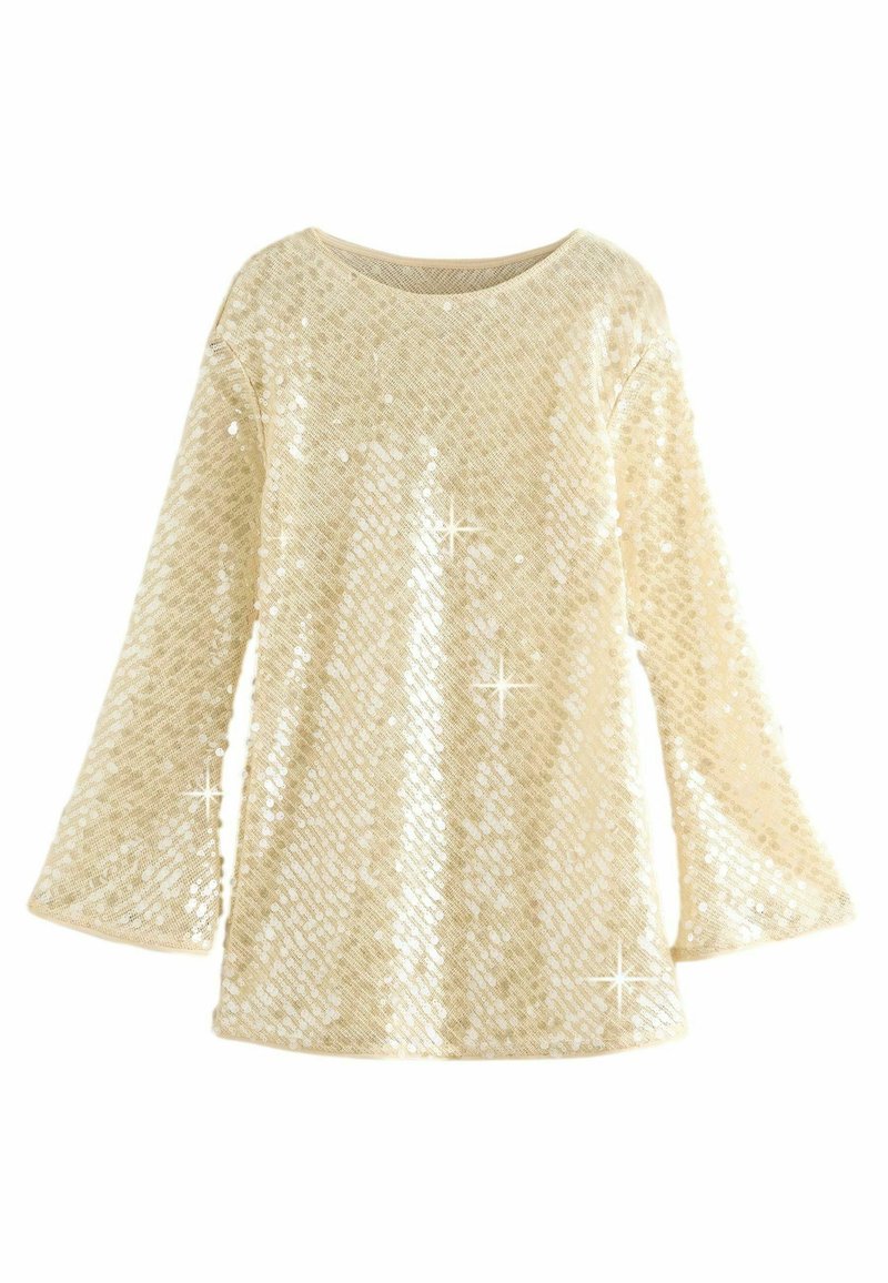 Top dorato con paillettes, maniche a campana, scollatura rotonda, superficie testurizzata e dettagli luccicanti. Design leggero e morbido.