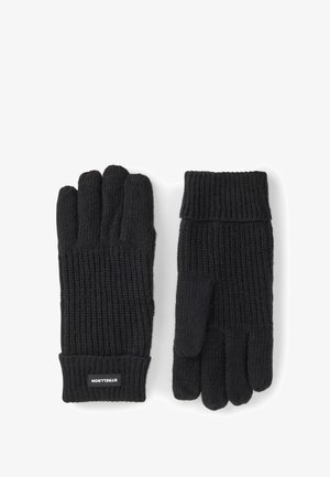 Paar schwarze, gestrickte Handschuhe mit gerippten Bündchen, eines zeigt ein STRELLSON-Label auf weißem Hintergrund.