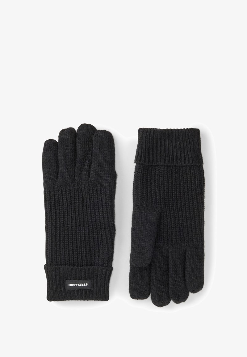 Para czarnych, dzianinowych rękawiczek z żeberkowanymi mankietami, jedna z etykietą STRELLSON na białym tle.