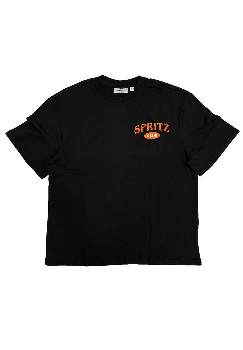 Schwarzes Baumwoll-T-Shirt mit kurzen Ärmeln und Rundhalsausschnitt, mit einem orangefarbenen "SPRITZ CLUB"-Grafik auf der linken Brust.