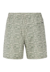 Mannen zwembroeken in lichtgroen met een wit geometrisch patroon. Gemaakt van lichtgewicht stof, met een elastische tailleband en een achterzak.