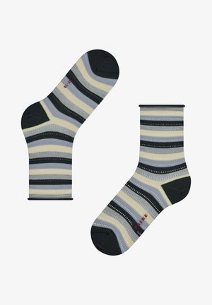 Gestreifte Socken in Dunkelgrün, Grau, Beige und Hellblau, gefertigt aus einem weichen Material mit verstärkter Zehen- und Fersenpartie.