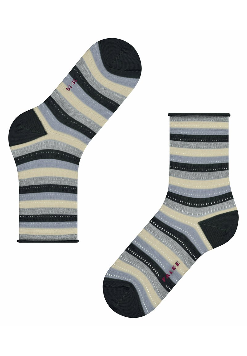 Gestreifte Socken in Dunkelgrün, Grau, Beige und Hellblau, gefertigt aus einem weichen Material mit verstärkter Zehen- und Fersenpartie.