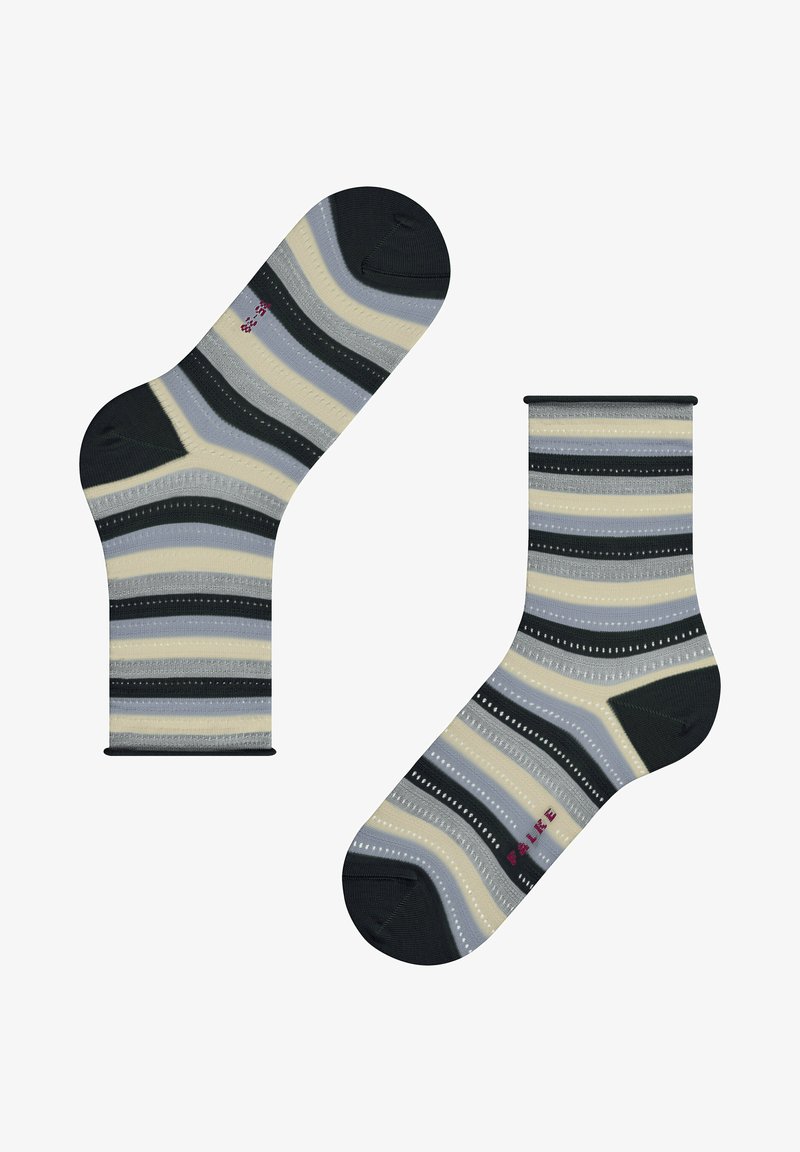 Chaussettes rayées arborant des couleurs vert foncé, gris, beige et bleu clair, fabriquées dans un matériau doux avec un renfort à la pointe et au talon.