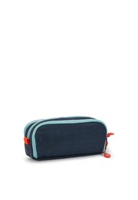Astuccio blu navy con due scomparti con zip, cuciture turchesi e un accento arancione brillante. Realizzato in tessuto resistente, di forma rettangolare.