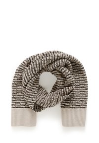 Strikket tørklæde med et mønster i creme og brun striber, med ribbede ender i en ensfarvet cremefarve. Blød tekstur, cirkulær form.