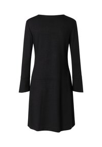 Robe noire à manches longues avec un col rond et des manches évasées. Fabriquée en tissu doux, elle présente une coupe droite et un détail de couture à la taille.