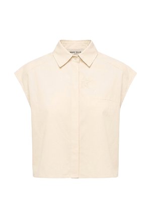 Chemise sans manches beige avec col et boutonnage devant, broderie discrète d'étoile sur la poitrine, et une petite poche poitrine, de Marc Ellis.