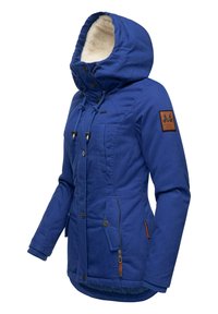 Blue jacket made of durable fabric, featuring a fur-lined hood, zip pockets, button closures, and a leather accent patch on the sleeve.