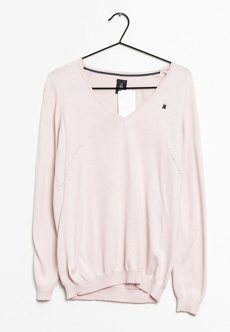 Maglione lungo a maniche con scollo a V di colore rosa chiaro, con orlo e polsini a costine. Presenta un piccolo logo ricamato sul petto e dettagli laterali discreti.