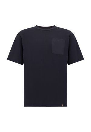 T-shirt en coton bleu marine à manches courtes avec une poche rectangulaire sur la poitrine gauche. Texture lisse ; coupe décontractée ; étiquette à l'ourlet.
