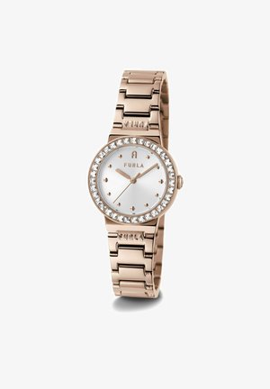 Reloj de pulsera de oro rosa con dial plateado, bisel acentuado con cristales y pulsera de eslabones. Presenta un logotipo, marcadores de hora minimalistas y un acabado suave.