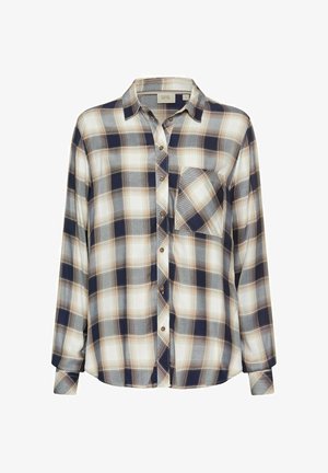 Karierte Hemd in Marineblau, Weiß und Beige. Lange Ärmel, durchgehende Knopfleiste, eine Brusttasche, glattes Gewebe, lockere Passform, abgerundeter Saum.