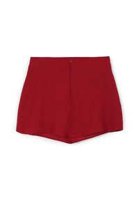 Pantaloni corti rossi con una texture liscia, dotati di chiusura con zip sul retro e una leggera forma a A, che offrono un design semplice e minimalista.