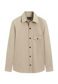 Beige langærmet skjorte med knapper, krave og frontlomme med knaplukning, enkel design.