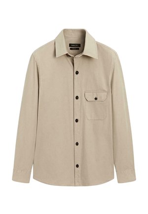 Beige Langarmhemd mit Knopfleiste, Kragen und vorderer Tasche mit knopfbedientem Deckel, schlichtes Design.