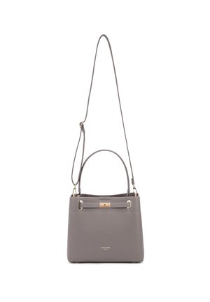 Borsa a tracolla grigia con texture, dotata di manici doppi e una tracolla rimovibile. Presenta dettagli in metallo color oro e una chiusura sul davanti.