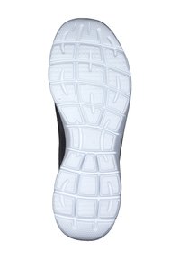 Suela de zapatilla de tela negra con una suela de goma blanca texturizada y un patrón de cuadrícula, que proporciona agarre y durabilidad en diversas superficies.